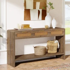 55" Entryway Table, Narrow 2-Tier Sofa Table with 3 Rattan Drawers