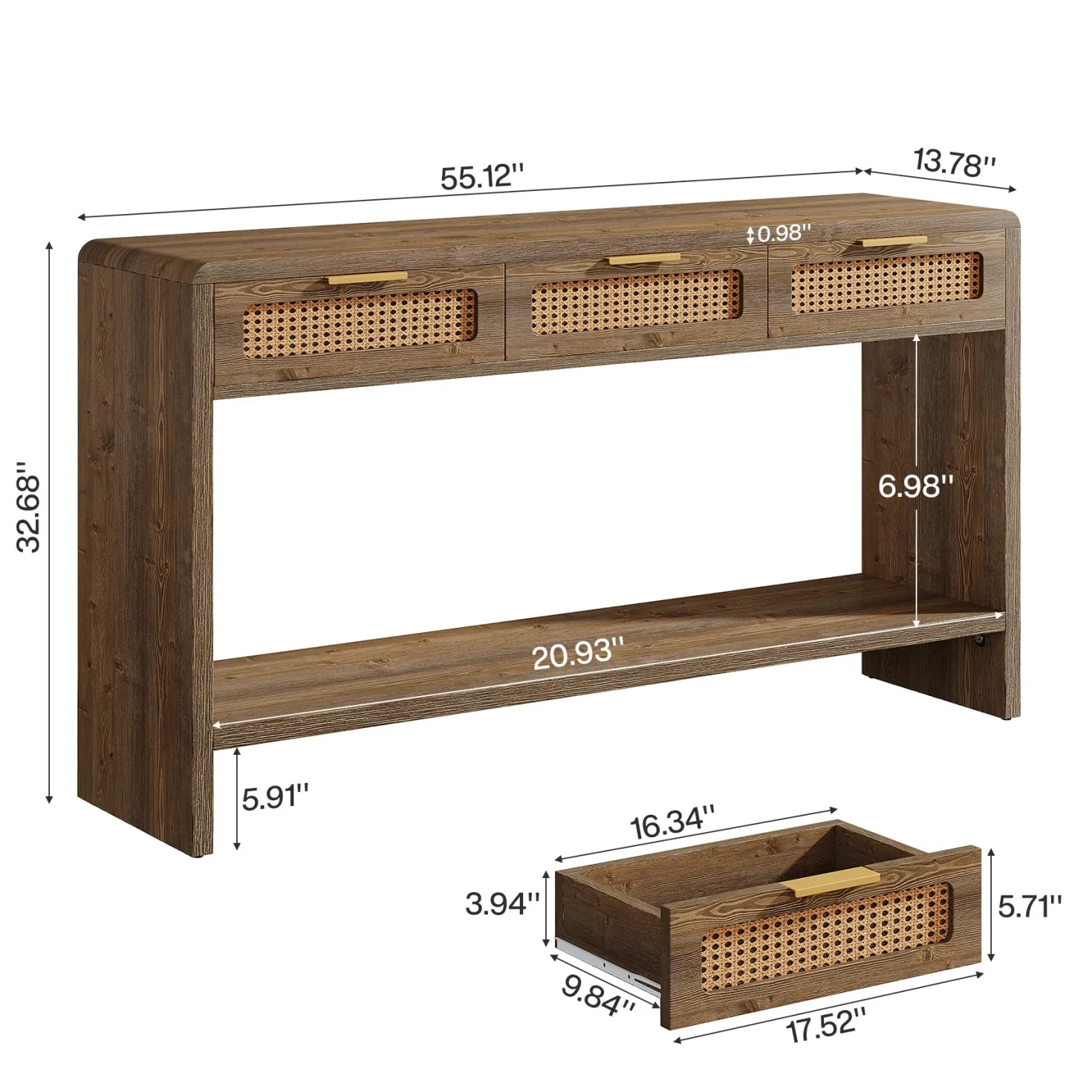 55" Entryway Table, Narrow 2-Tier Sofa Table with 3 Rattan Drawers