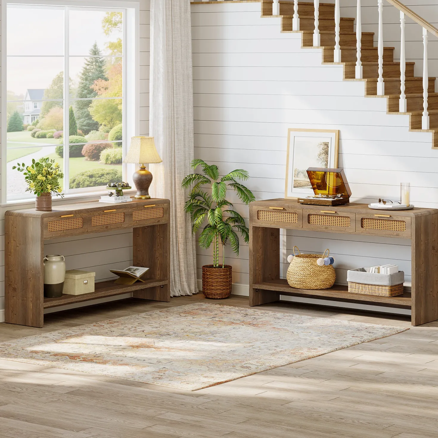 55" Entryway Table, Narrow 2-Tier Sofa Table with 3 Rattan Drawers