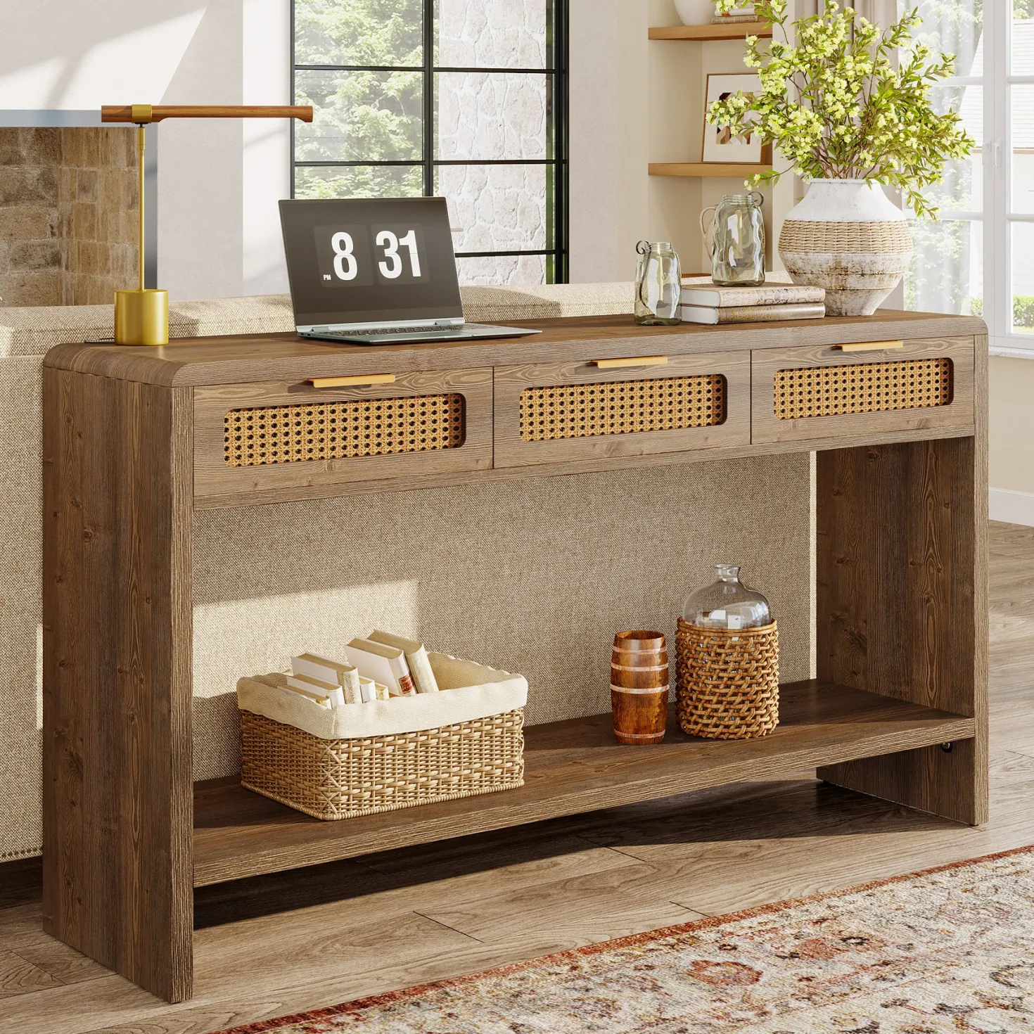 55" Entryway Table, Narrow 2-Tier Sofa Table with 3 Rattan Drawers