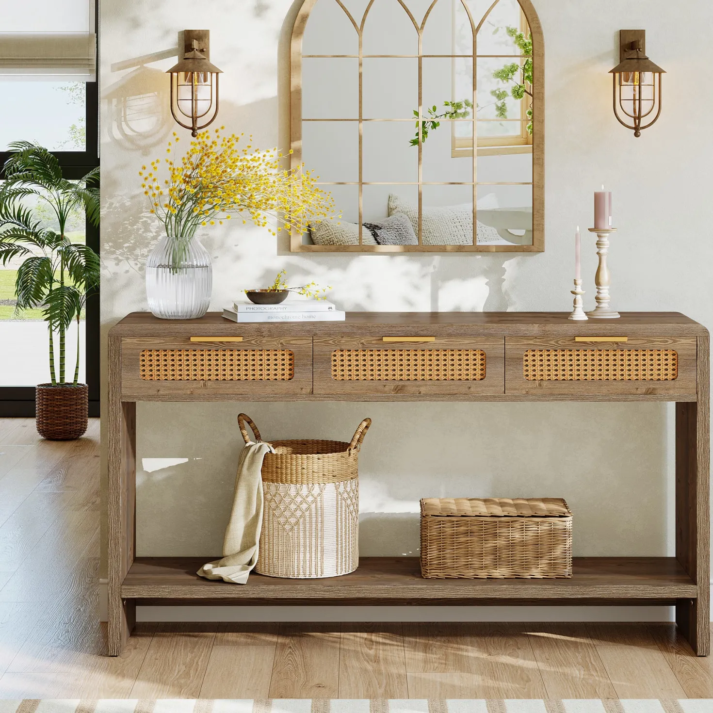 55" Entryway Table, Narrow 2-Tier Sofa Table with 3 Rattan Drawers