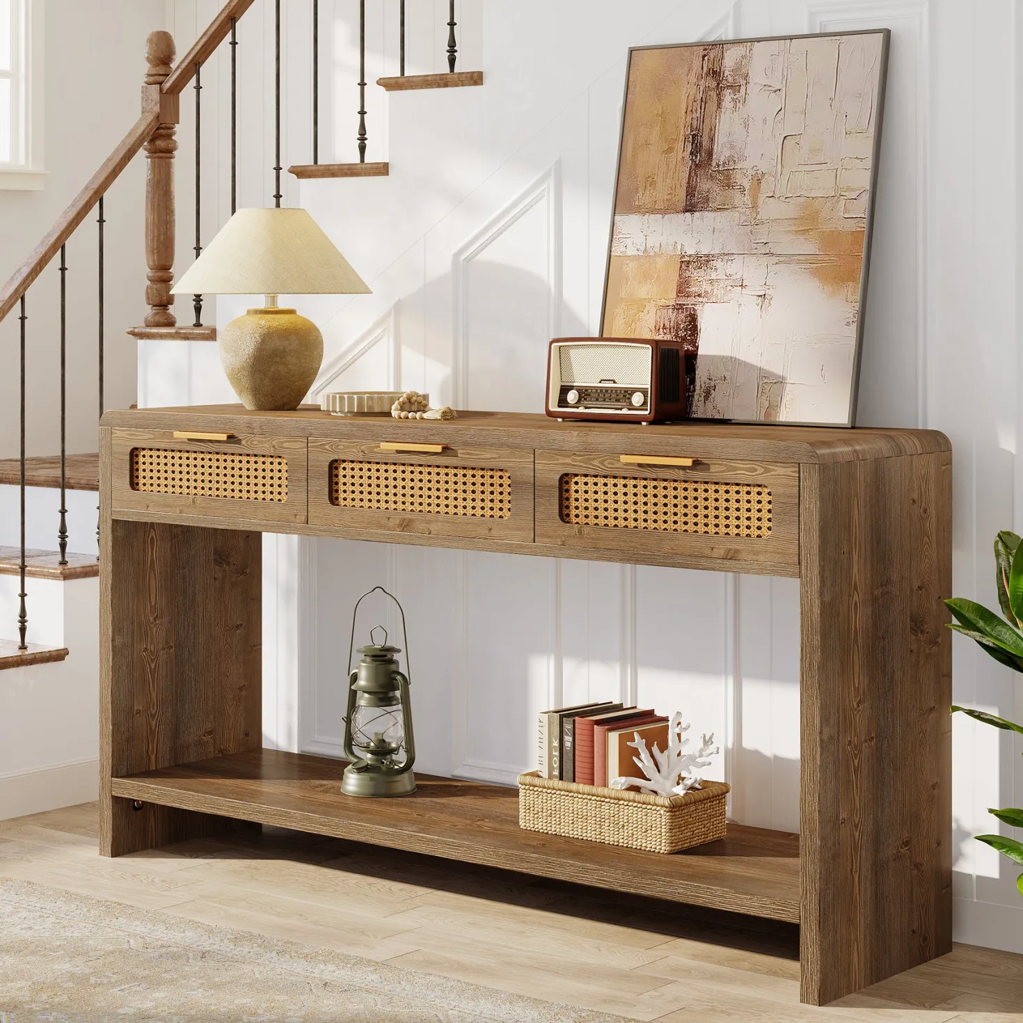 55" Entryway Table, Narrow 2-Tier Sofa Table with 3 Rattan Drawers