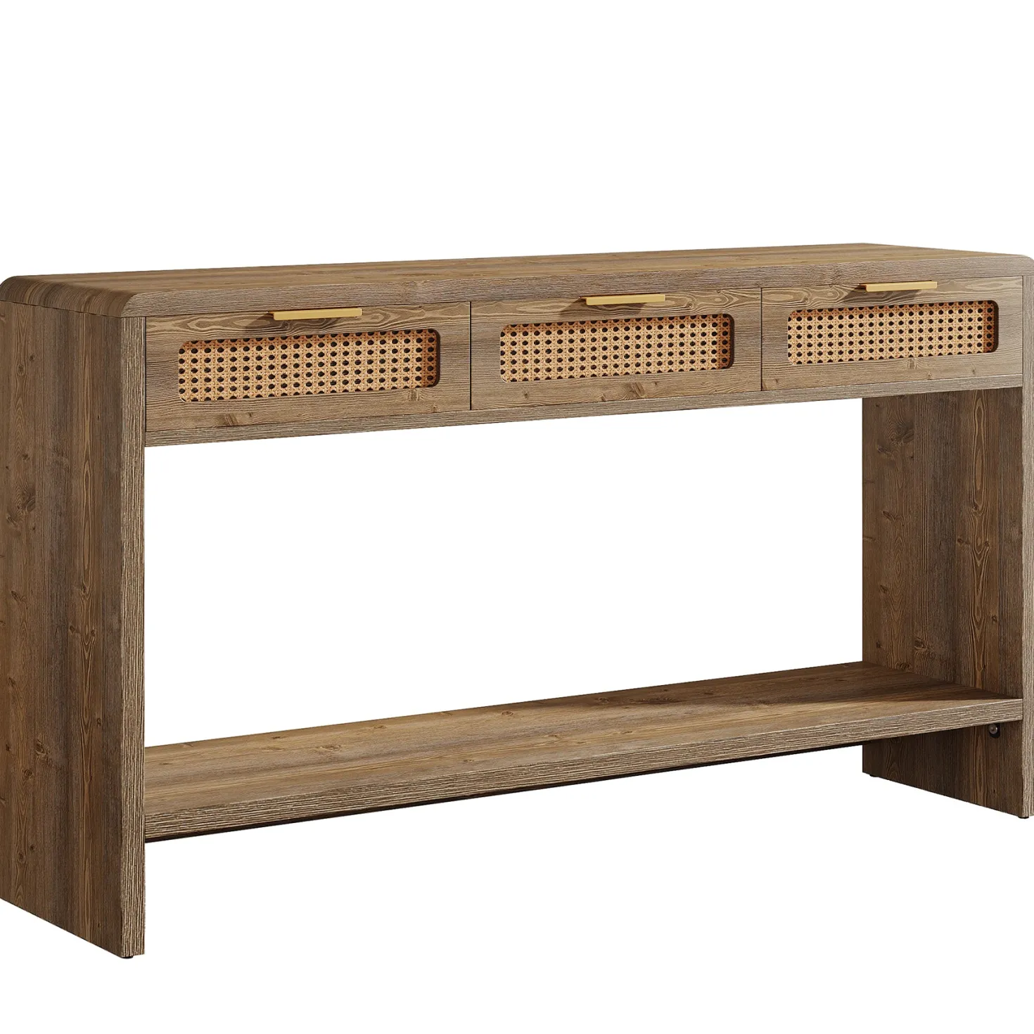 55" Entryway Table, Narrow 2-Tier Sofa Table with 3 Rattan Drawers