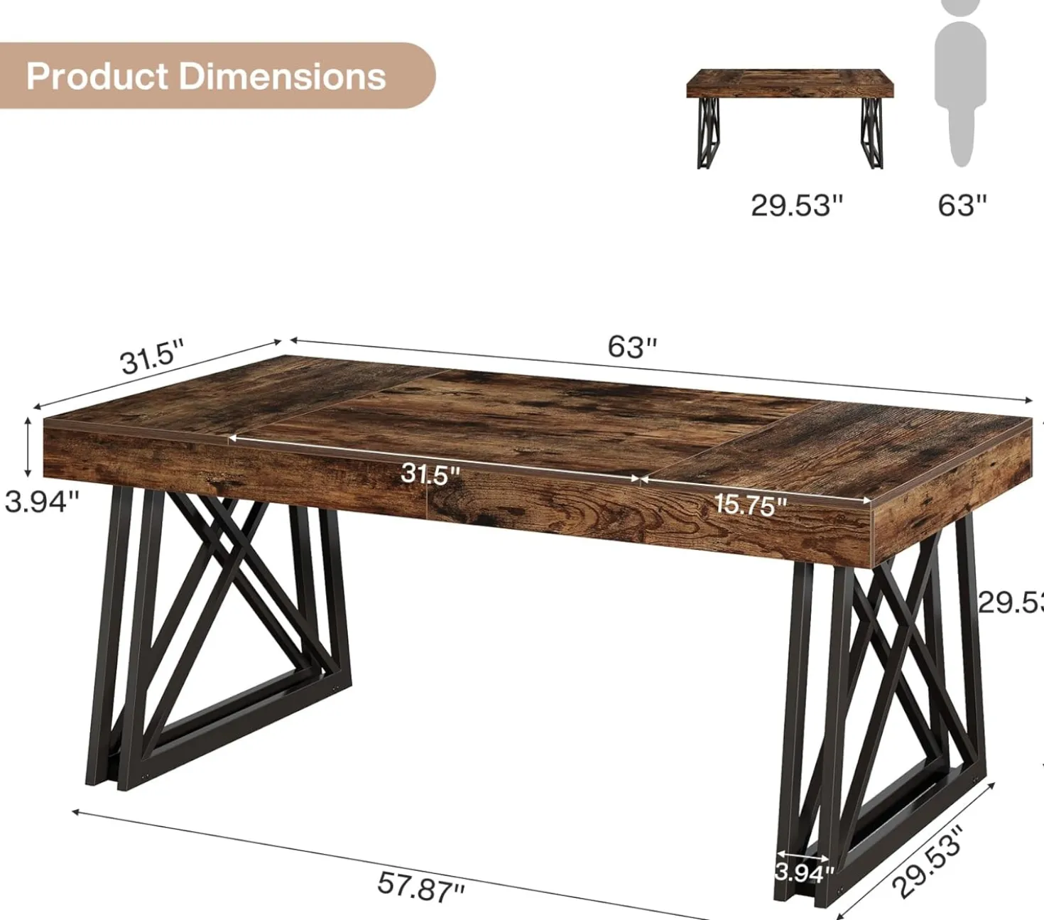 63" Executive Desk, Farmhouse Office Computer Desk with X-Shaped Legs