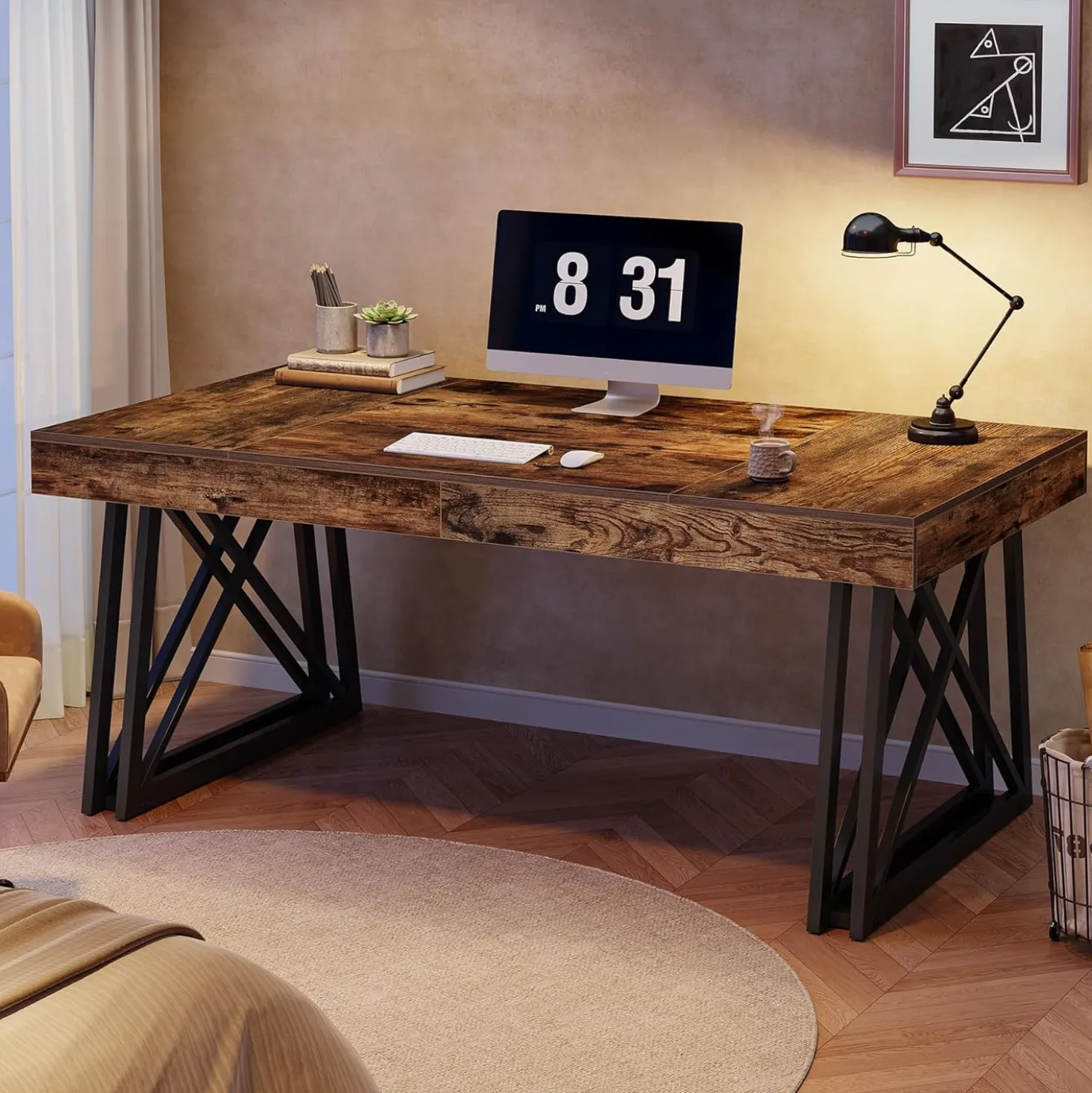 63" Executive Desk, Farmhouse Office Computer Desk with X-Shaped Legs