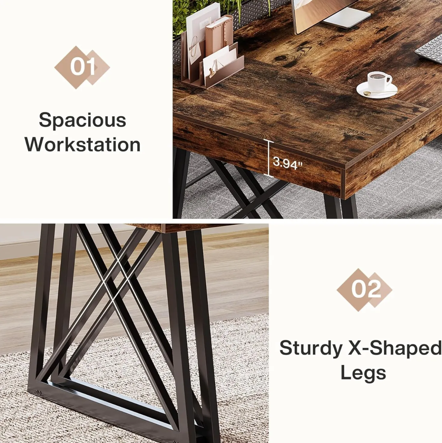 63" Executive Desk, Farmhouse Office Computer Desk with X-Shaped Legs