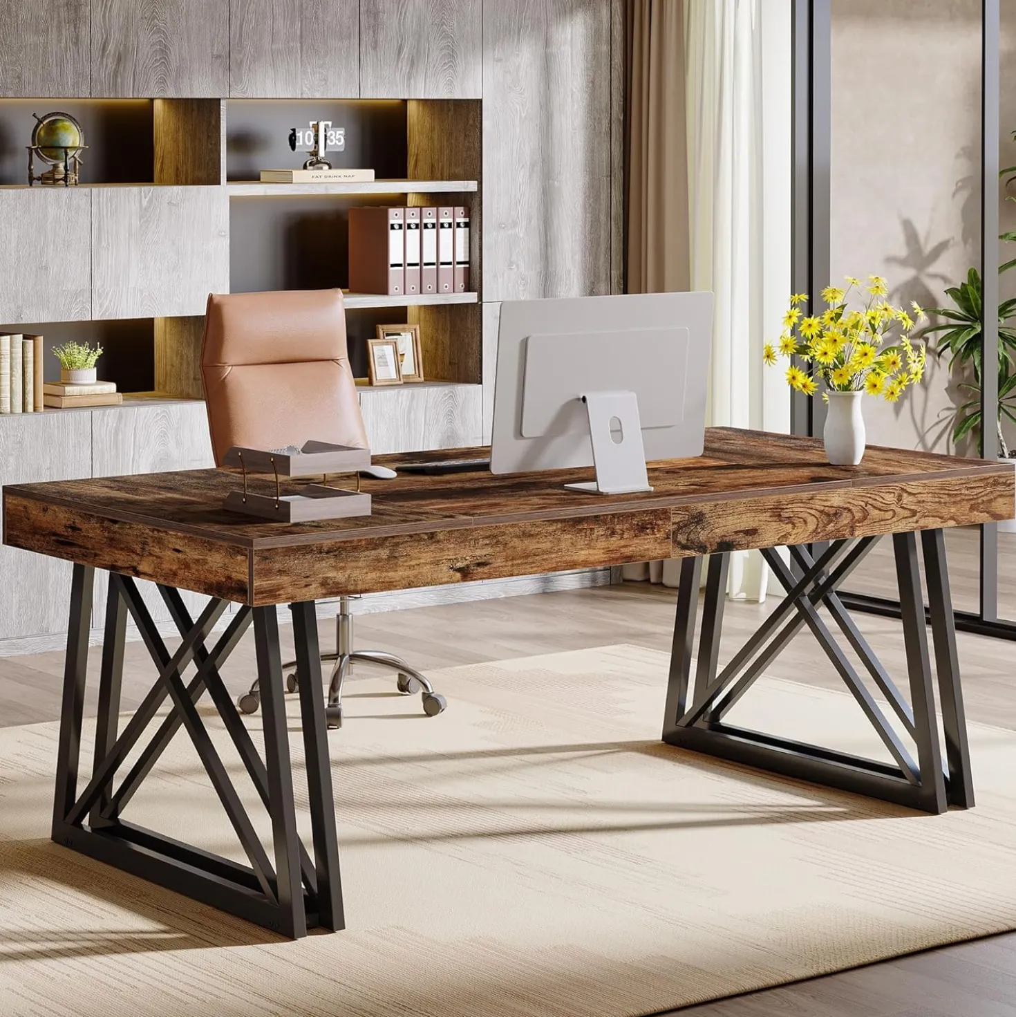 63" Executive Desk, Farmhouse Office Computer Desk with X-Shaped Legs