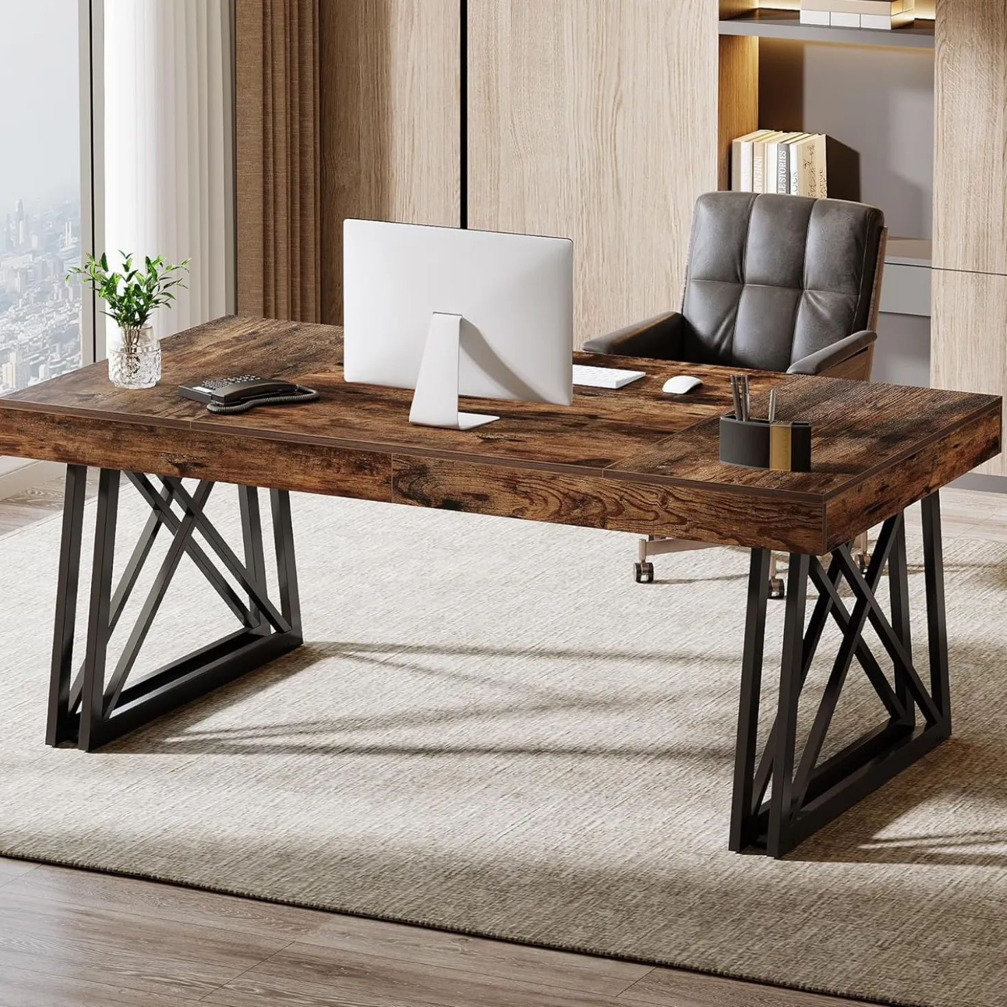 63" Executive Desk, Farmhouse Office Computer Desk with X-Shaped Legs