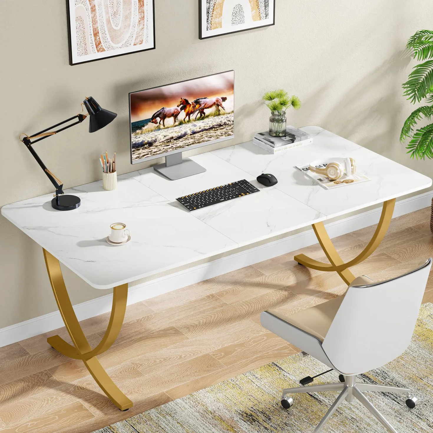 63" Executive Desk, Faux Marble Computer Desk Meeting Table