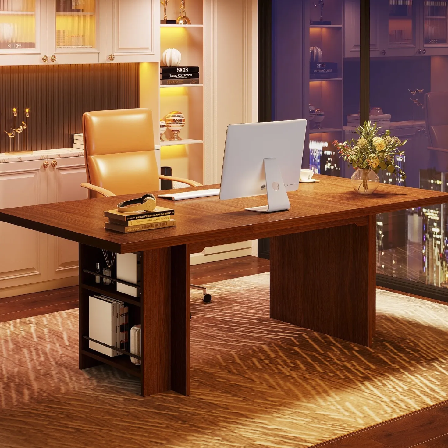 63" Executive Desk, Large Wood Computer Writing Table with Storage