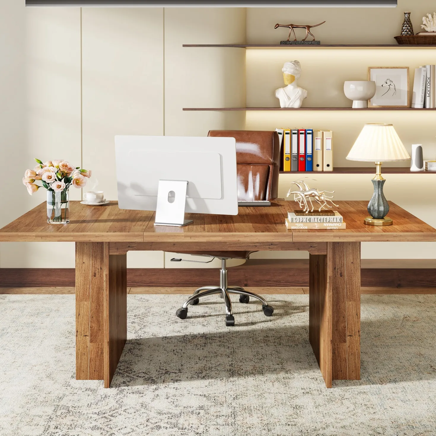 63" Executive Desk, Large Wood Computer Writing Table with Storage