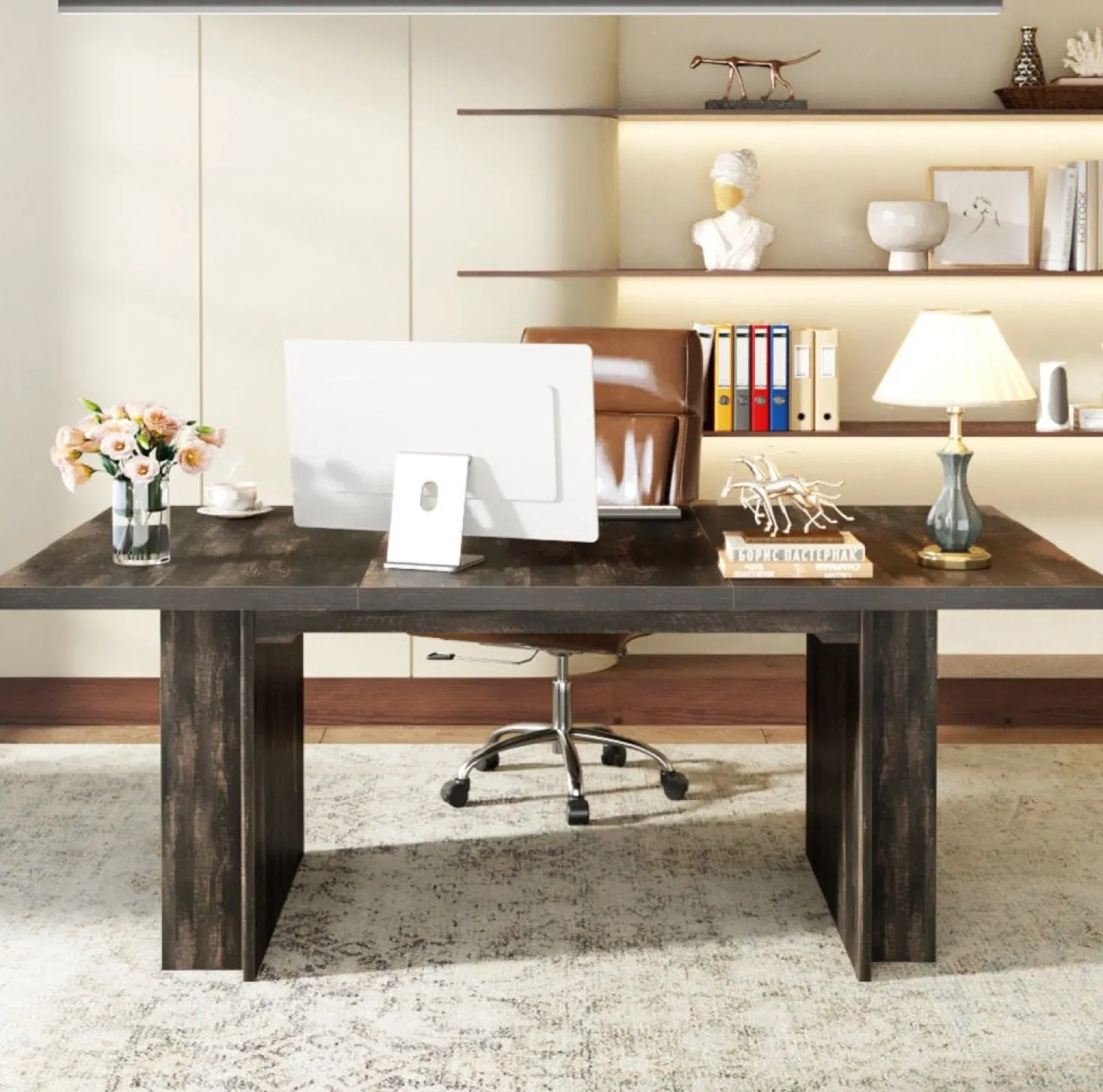 63" Executive Desk, Large Wood Computer Writing Table with Storage