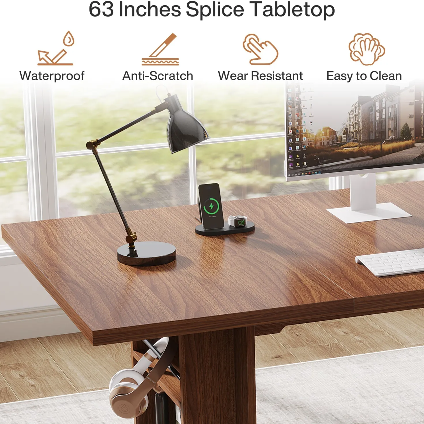 63" Executive Desk, Large Wood Computer Writing Table with Storage