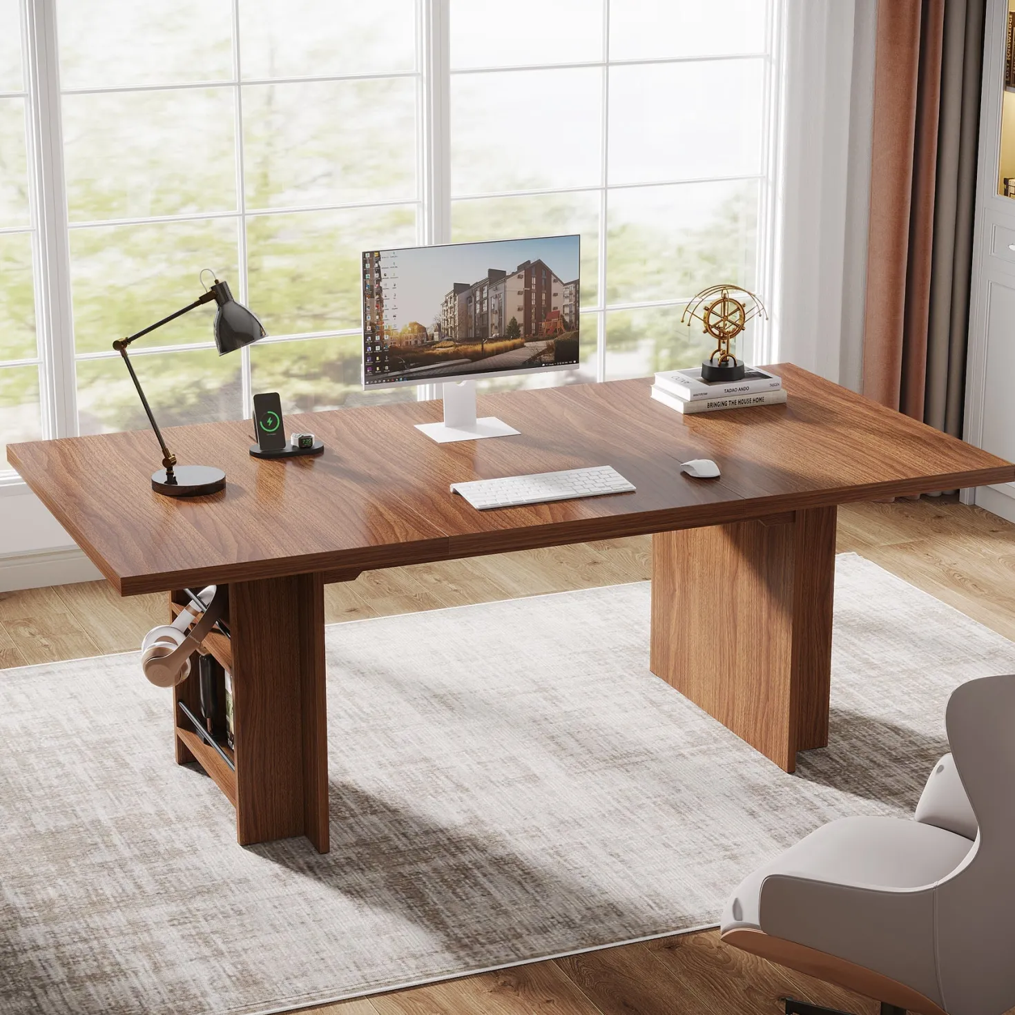 63" Executive Desk, Large Wood Computer Writing Table with Storage