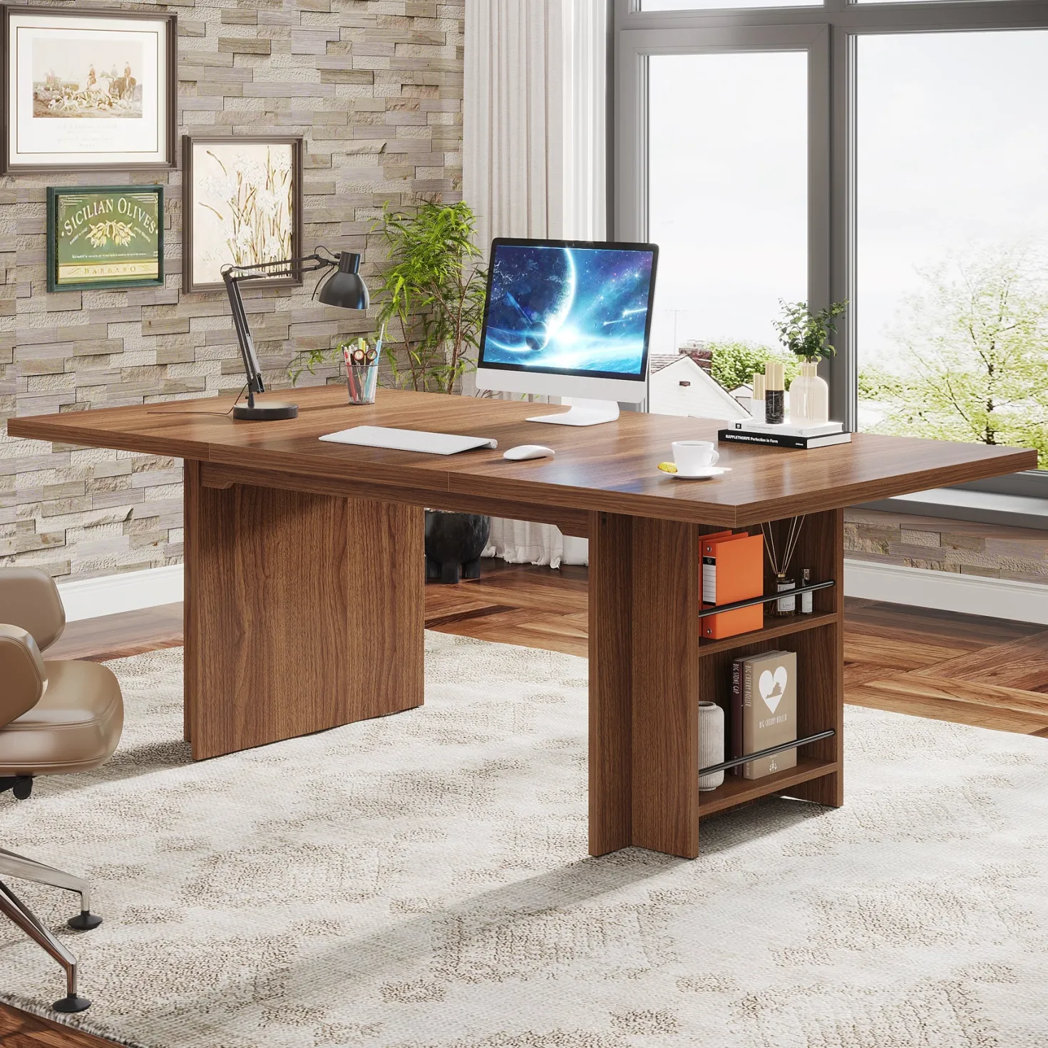 63" Executive Desk, Large Wood Computer Writing Table with Storage