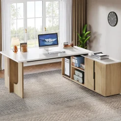74" Executive Desk, L-Shaped Computer Desk Office Desk With Cabinet