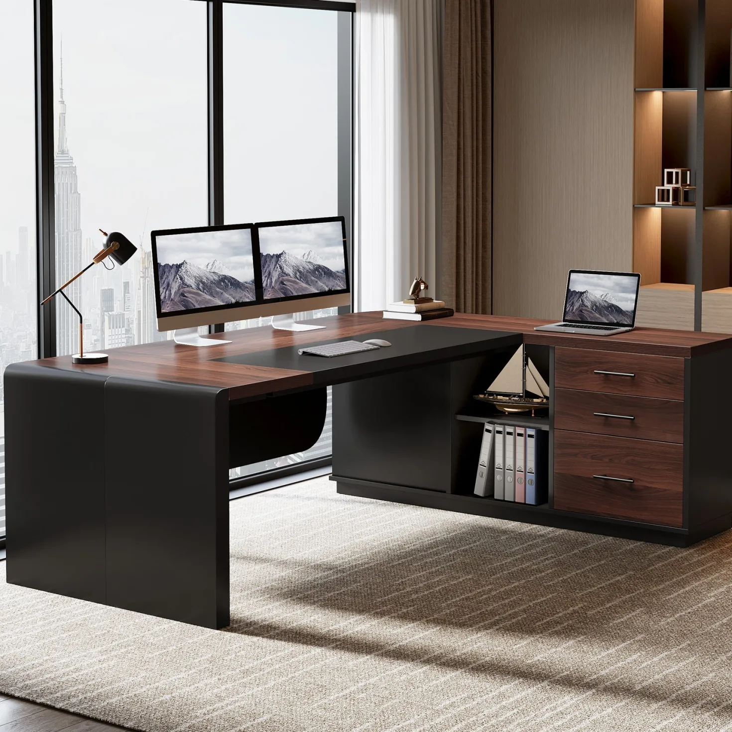 80" Executive Desk, L-Shaped Computer Desk with Storage Drawers