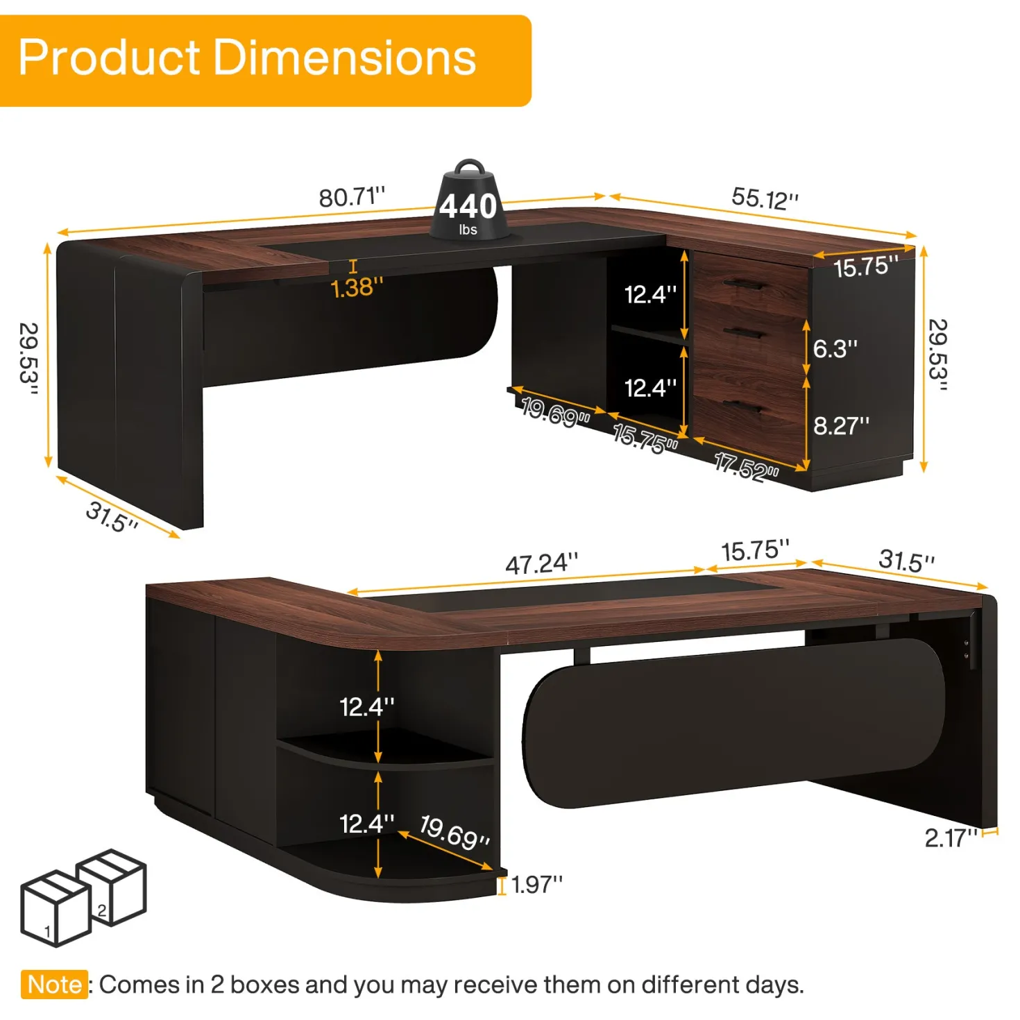 80" Executive Desk, L-Shaped Computer Desk with Storage Drawers