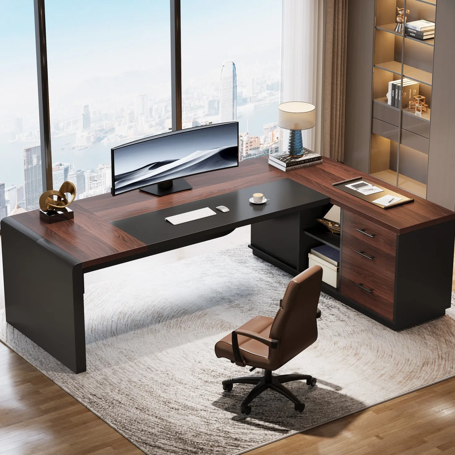 80" Executive Desk, L-Shaped Computer Desk with Storage Drawers