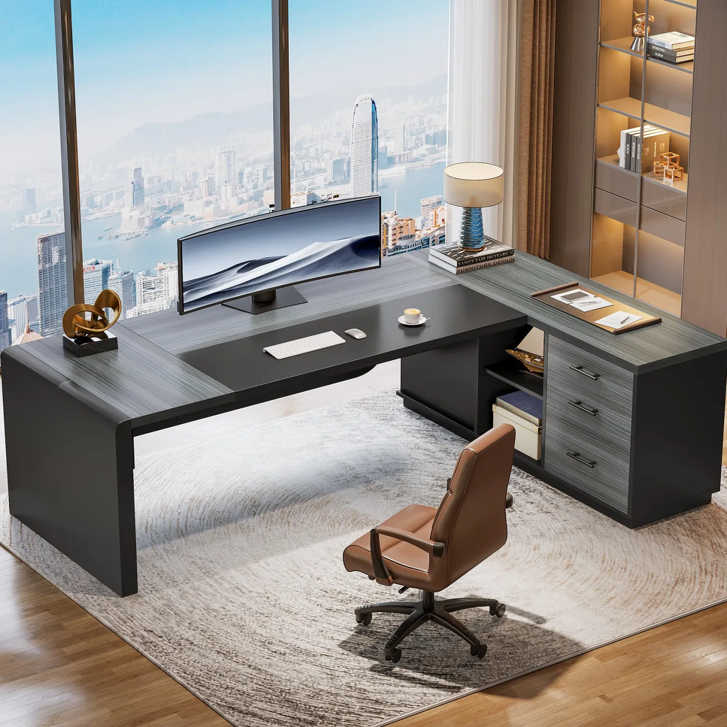 80" Executive Desk, L-Shaped Computer Desk with Storage Drawers