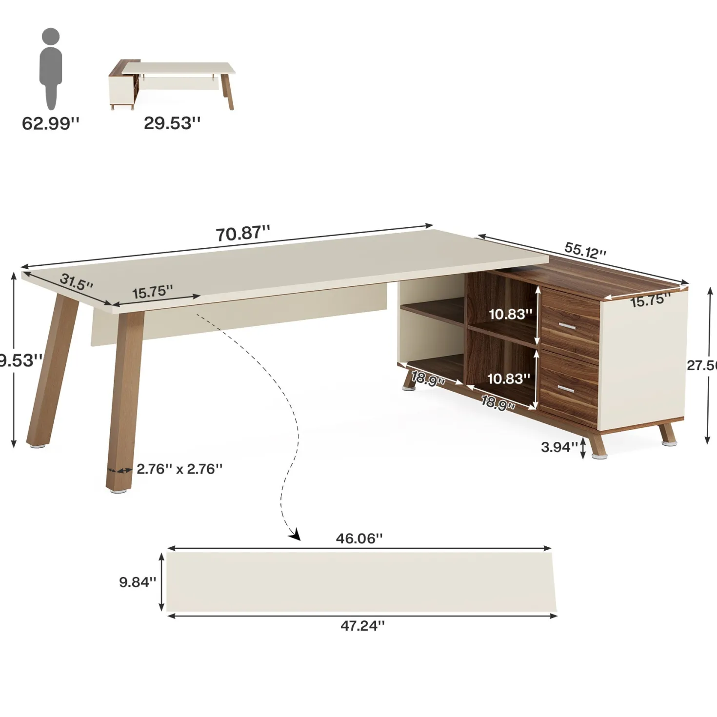 71" Executive Desk, L-Shaped Computer Desk Office Desk with File Cabinet