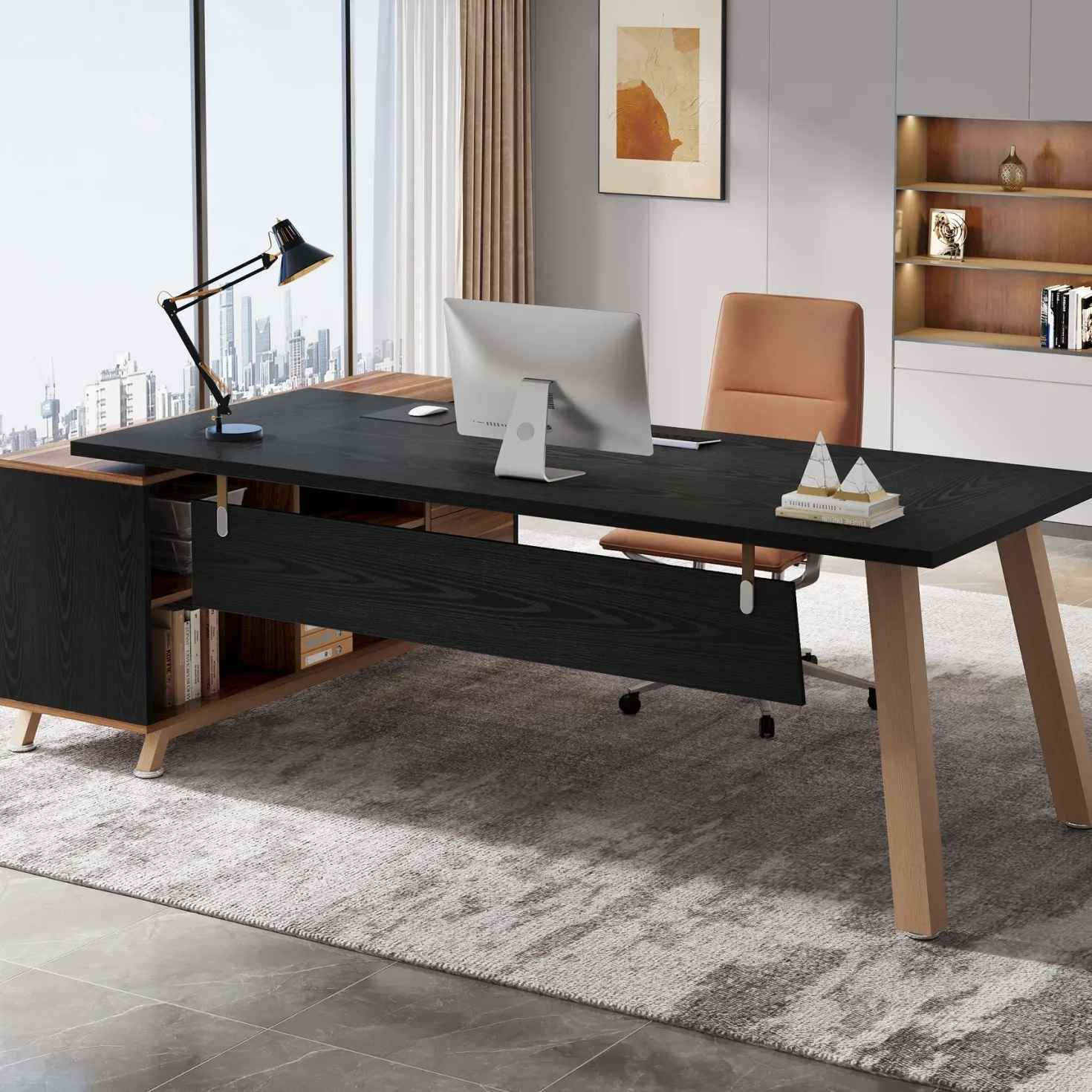 71" Executive Desk, L-Shaped Computer Desk Office Desk with File Cabinet