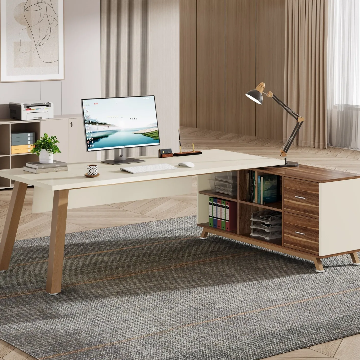 71" Executive Desk, L-Shaped Computer Desk Office Desk with File Cabinet