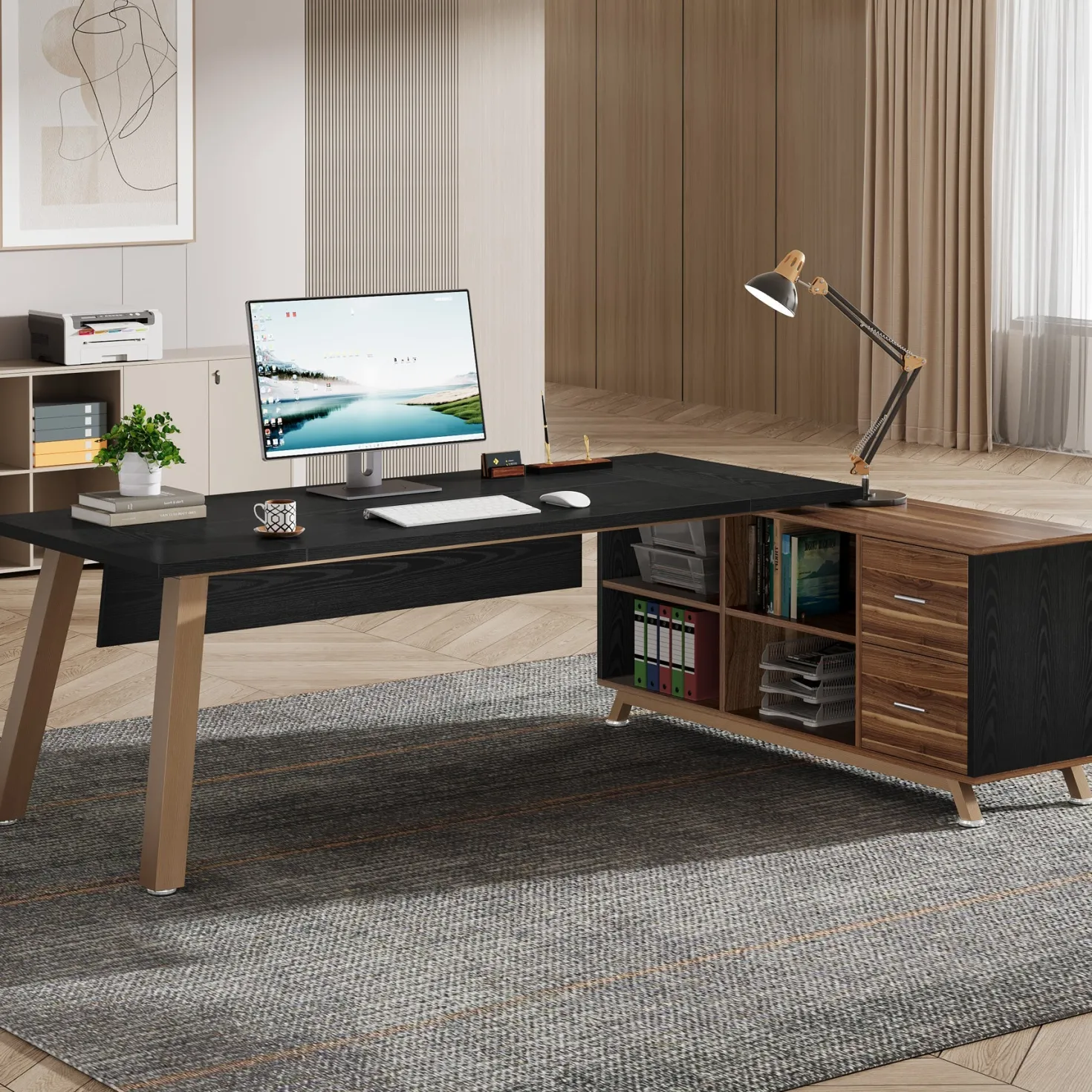 71" Executive Desk, L-Shaped Computer Desk Office Desk with File Cabinet