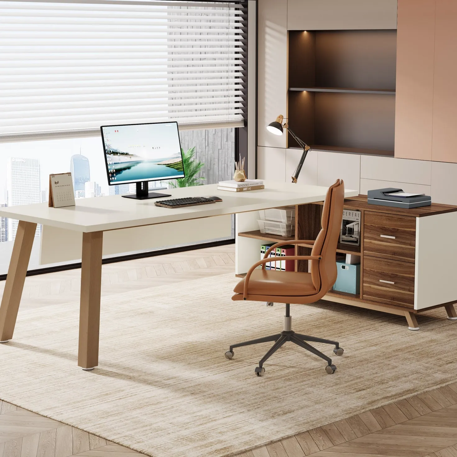 71" Executive Desk, L-Shaped Computer Desk Office Desk with File Cabinet
