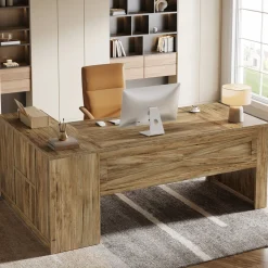 70.8" Executive Desk, L-Shaped Computer Table with Storage Cabinet