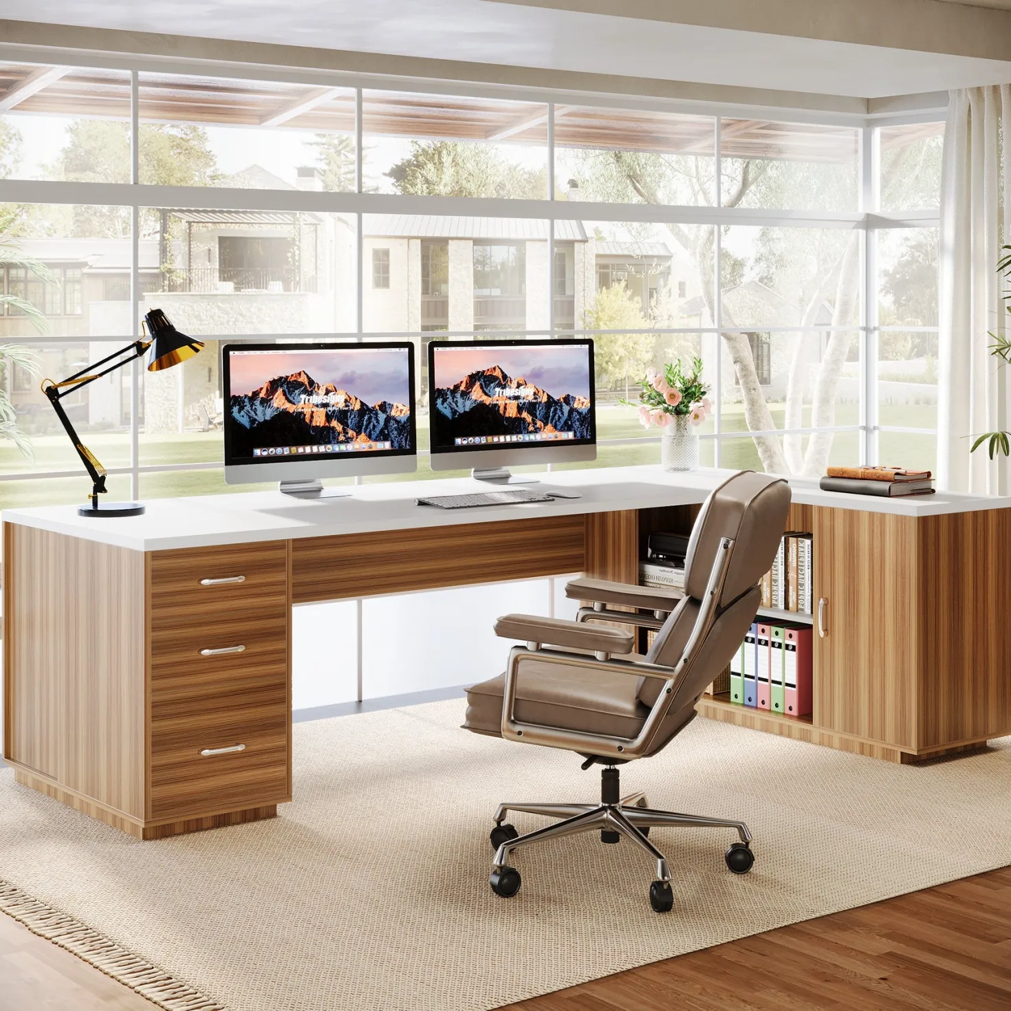 85.8" Executive Desk, L-Shaped Office Desk Computer Desk with File Drawers