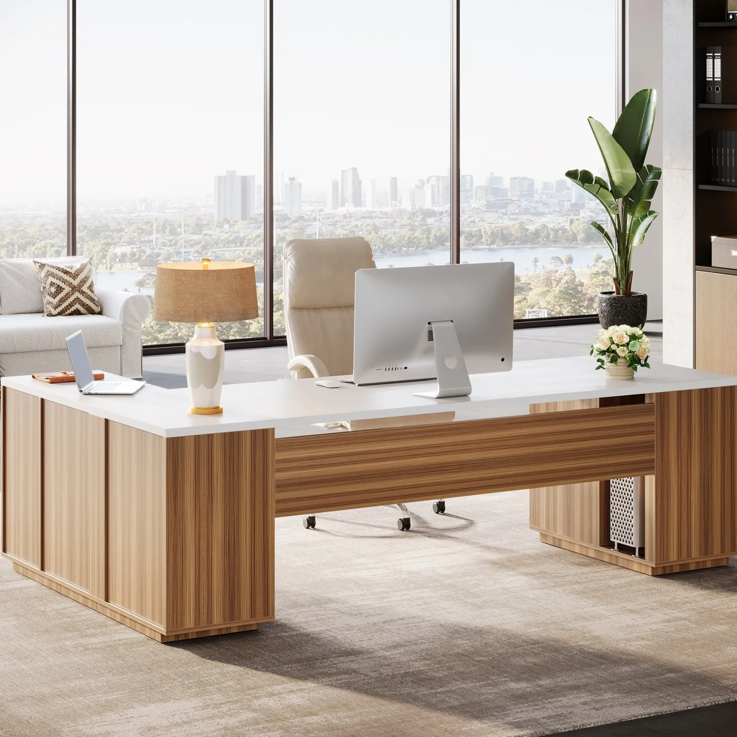 85.8" Executive Desk, L-Shaped Office Desk Computer Desk with File Drawers