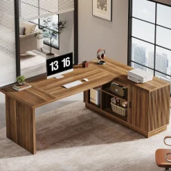 71" Executive Desk, L-Shaped Office Computer Table with File Cabinet