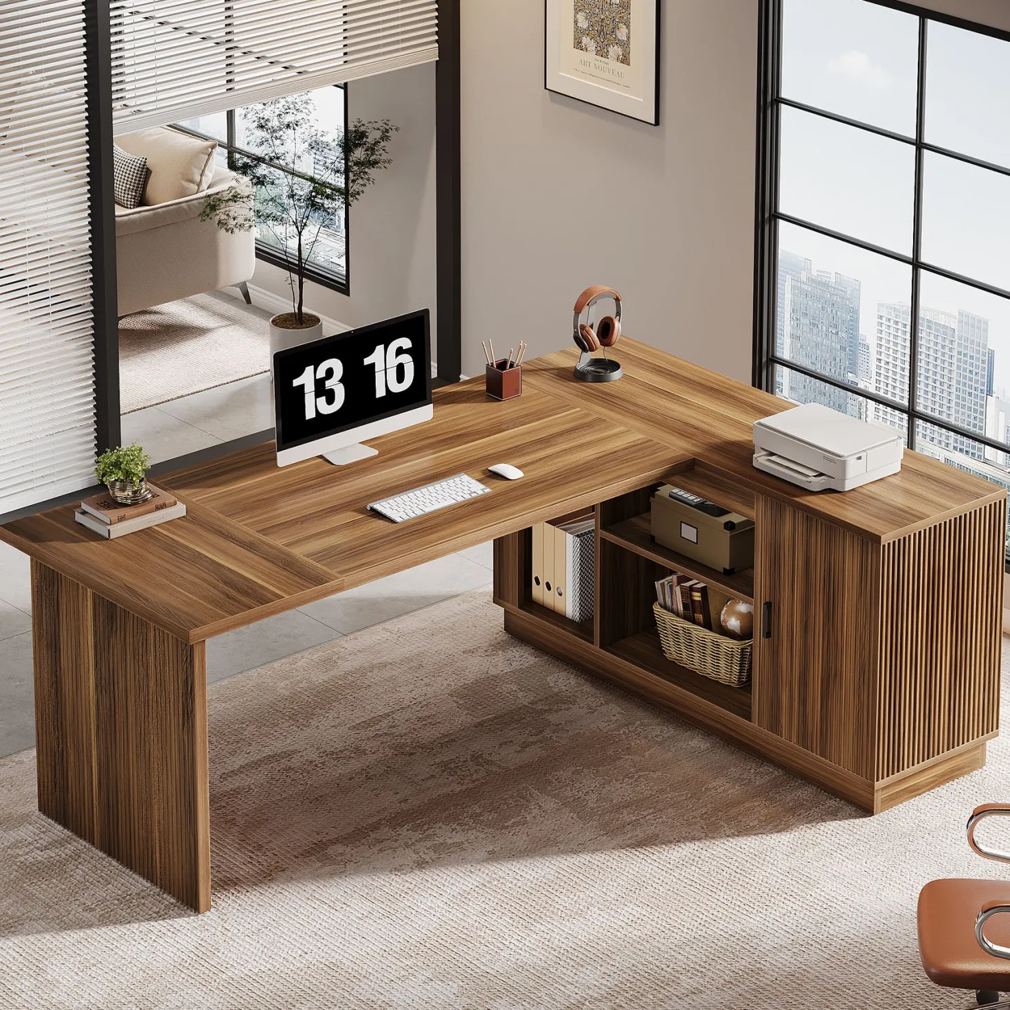 71" Executive Desk, L-Shaped Office Computer Table with File Cabinet