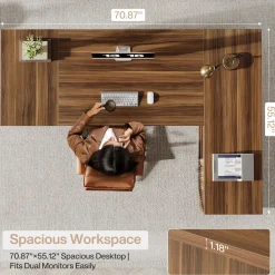 71" Executive Desk, L-Shaped Office Computer Table with File Cabinet