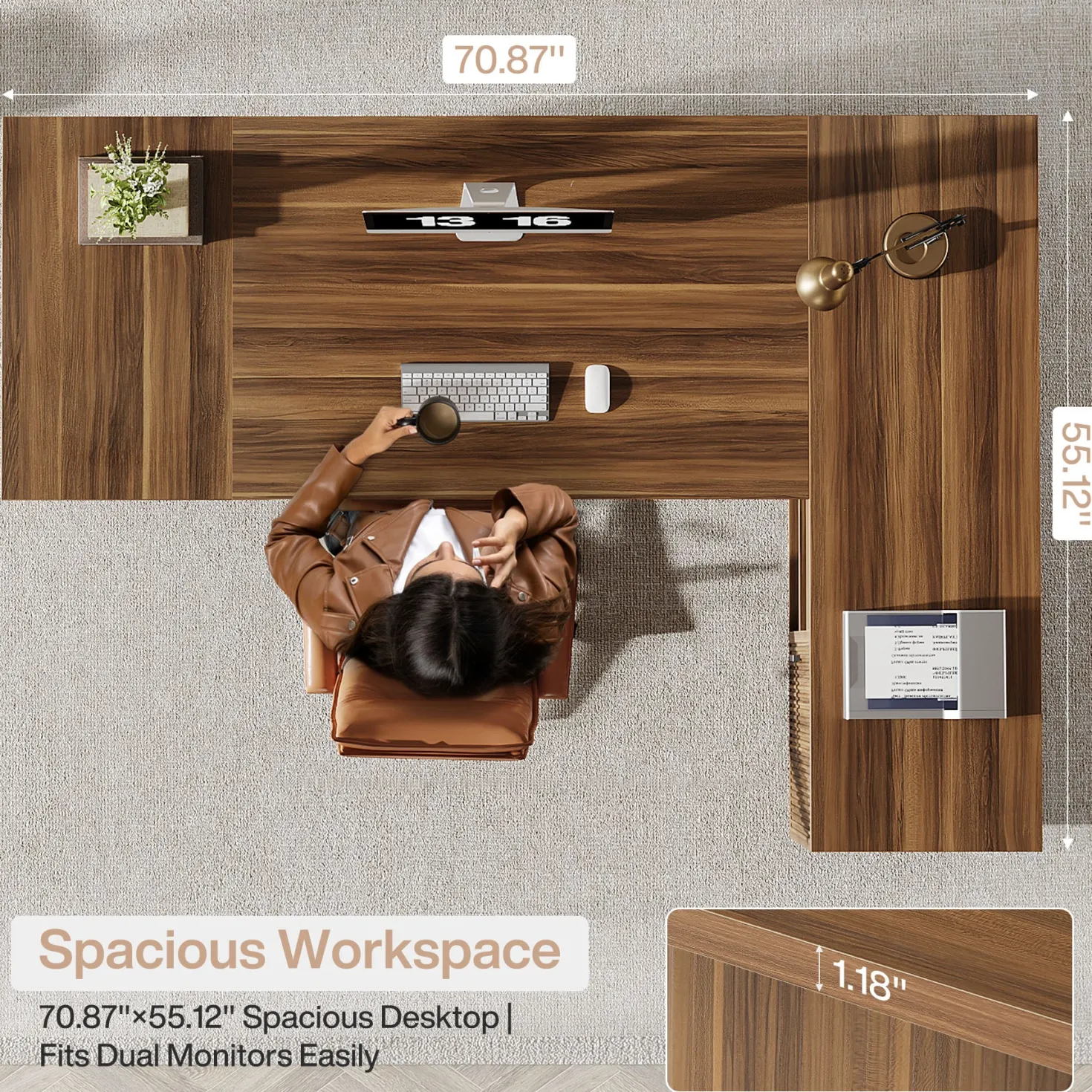 71" Executive Desk, L-Shaped Office Computer Table with File Cabinet