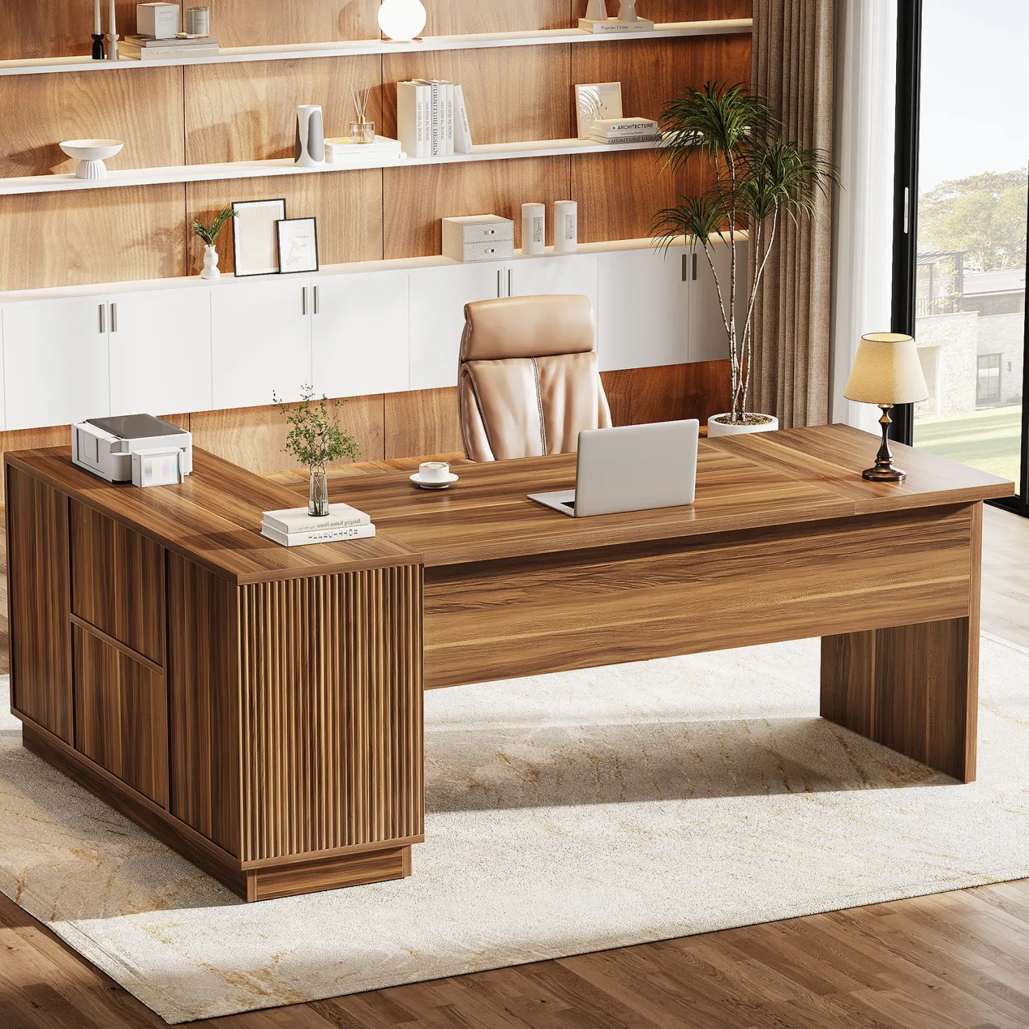 71" Executive Desk, L-Shaped Office Computer Table with File Cabinet