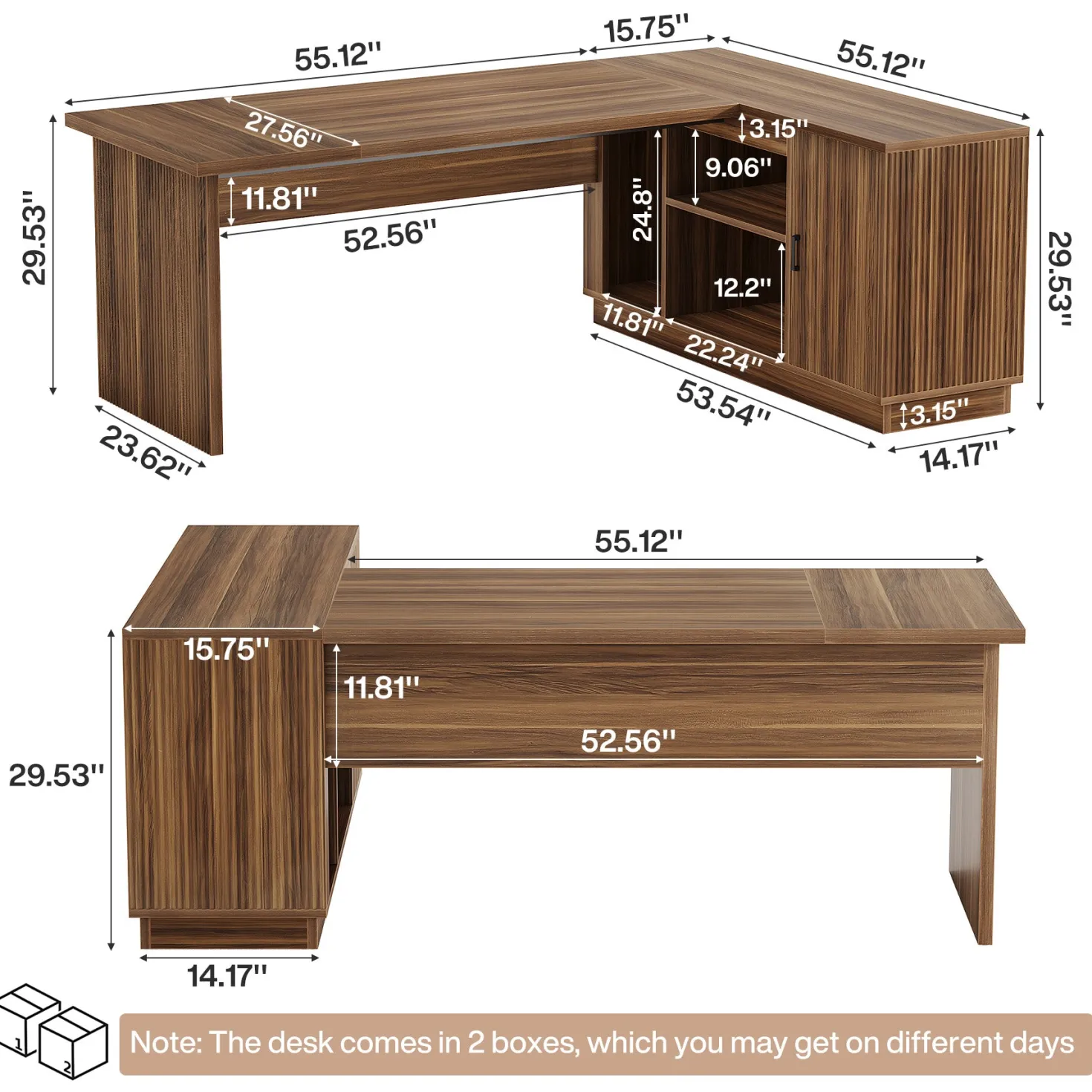 71" Executive Desk, L-Shaped Office Computer Table with File Cabinet