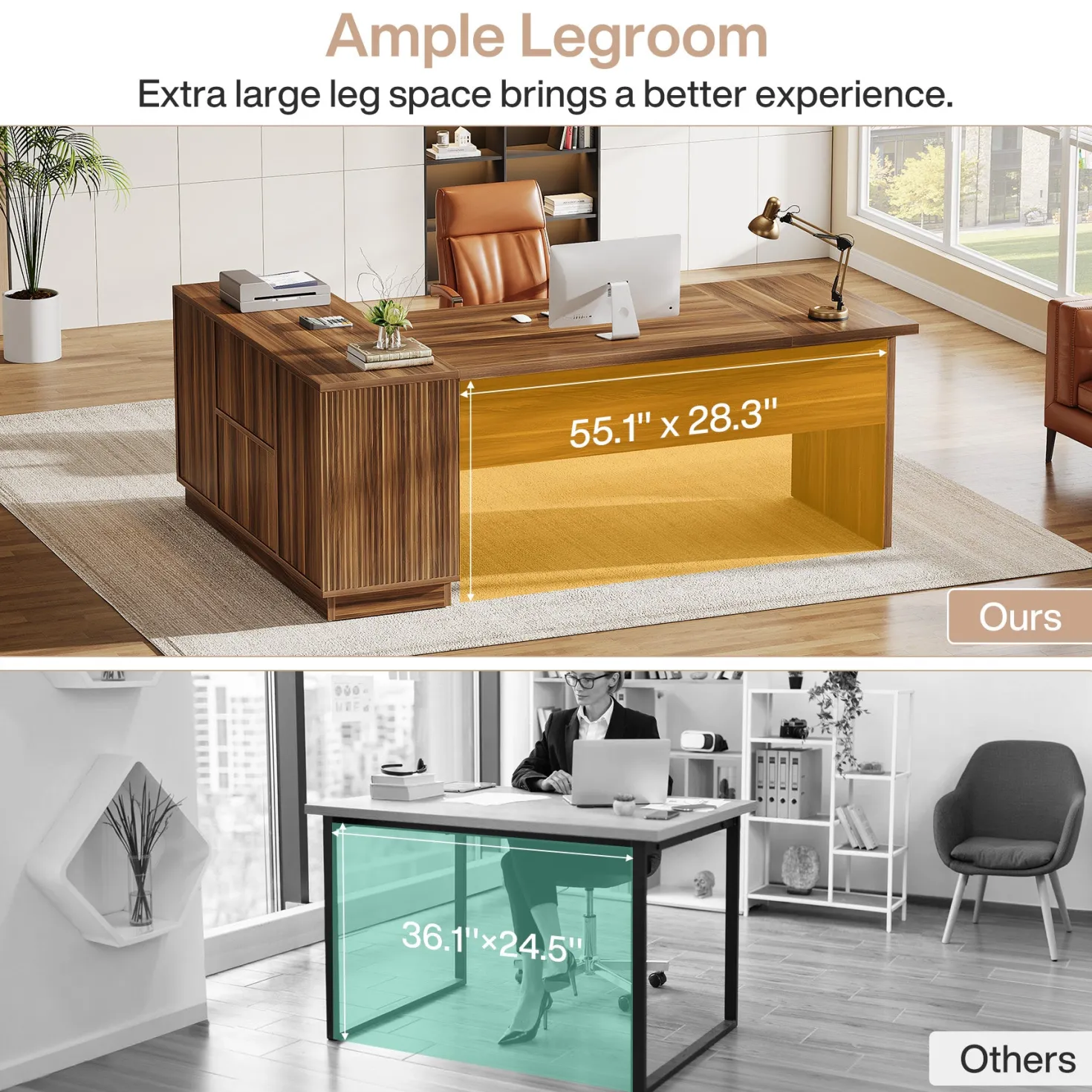 71" Executive Desk, L-Shaped Office Computer Table with File Cabinet