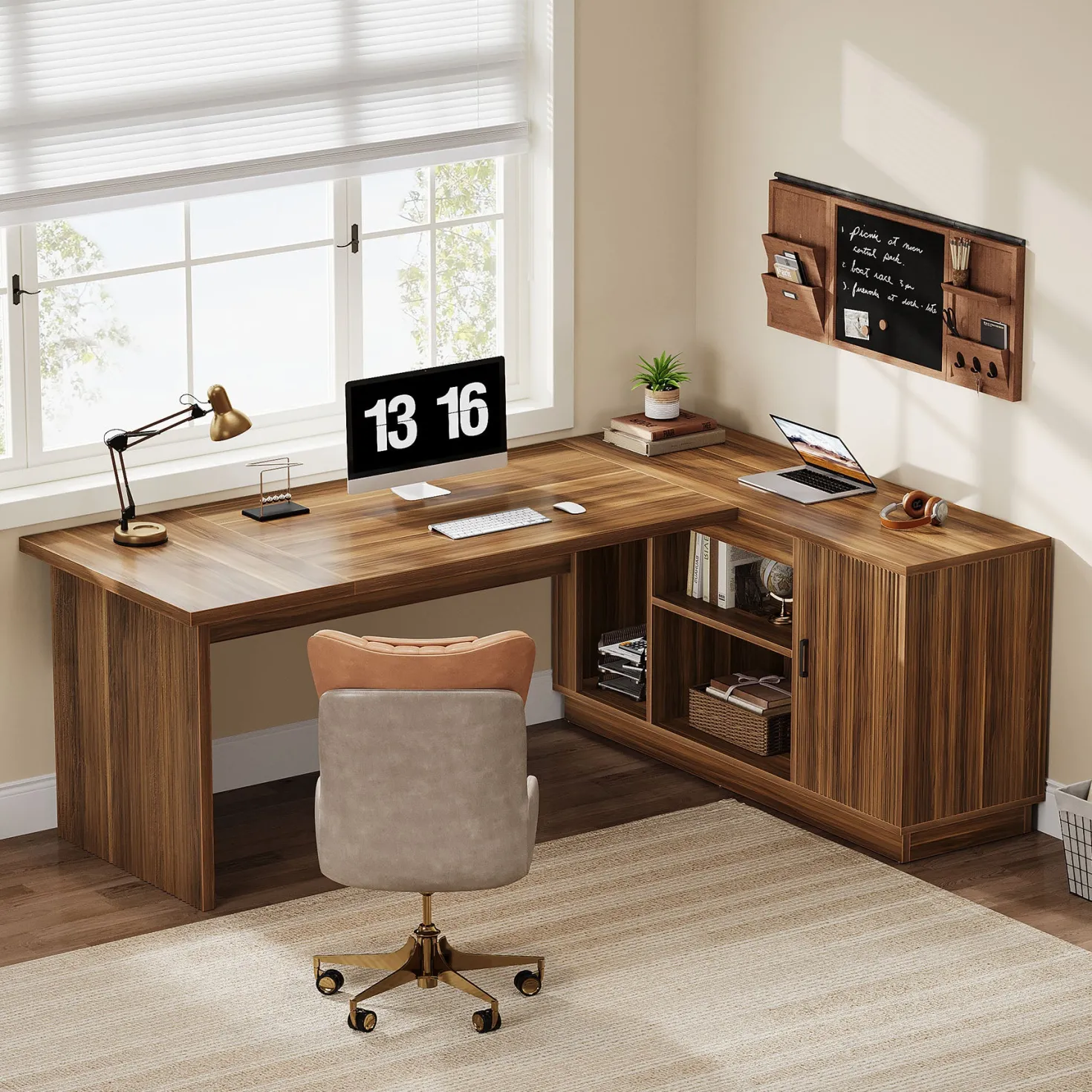 71" Executive Desk, L-Shaped Office Computer Table with File Cabinet