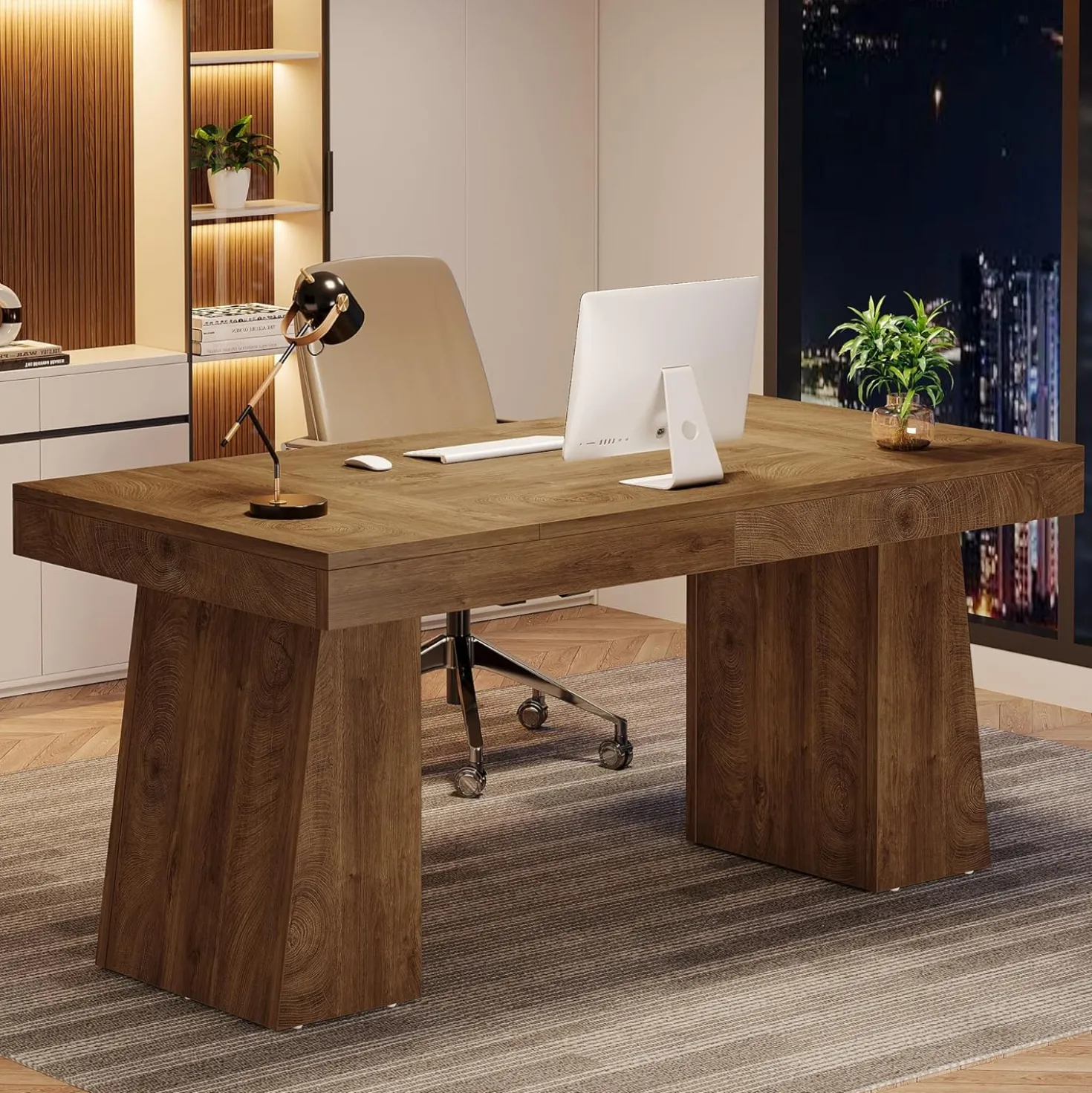 55" Executive Desk, Mid-Century Modern Home Office Computer Desk Workstation