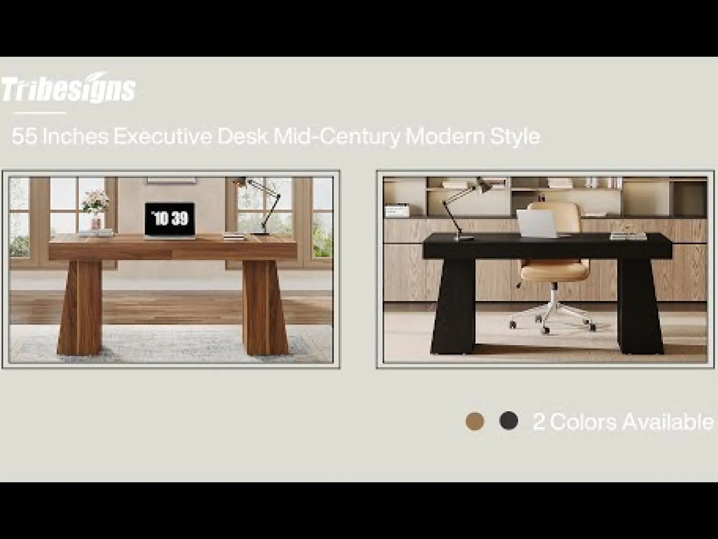55" Executive Desk, Mid-Century Modern Home Office Computer Desk Workstation