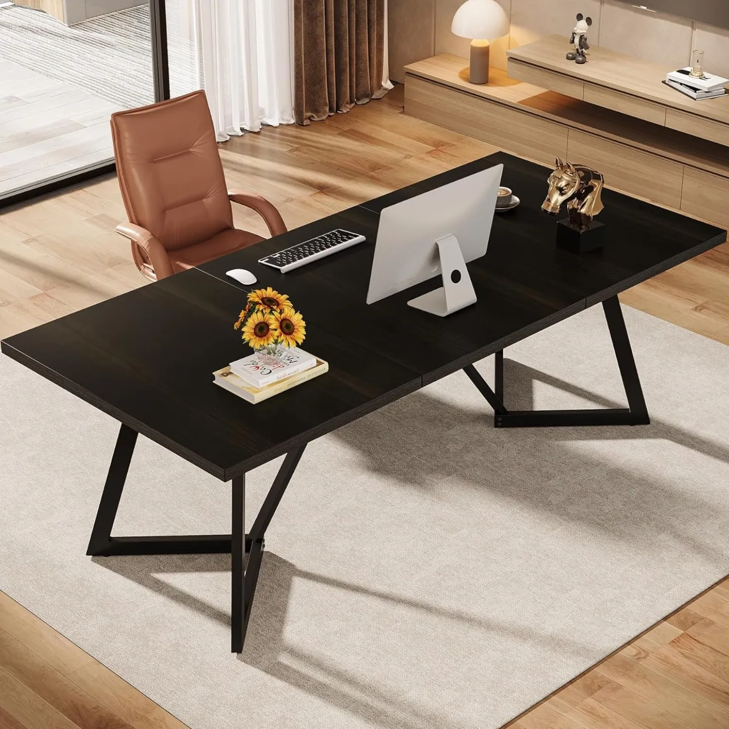 70.87" Executive Desk, Modern Computer Office Desk with Metal Frame