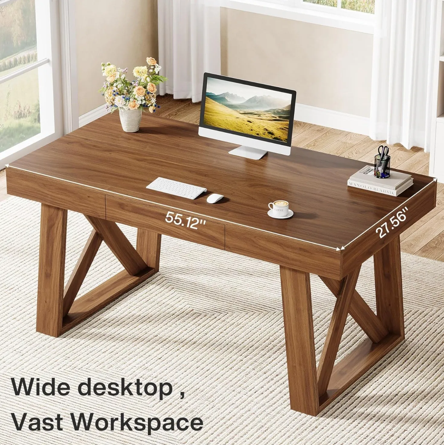 55" Executive Desk, Modern Computer Office Desk with Drawer