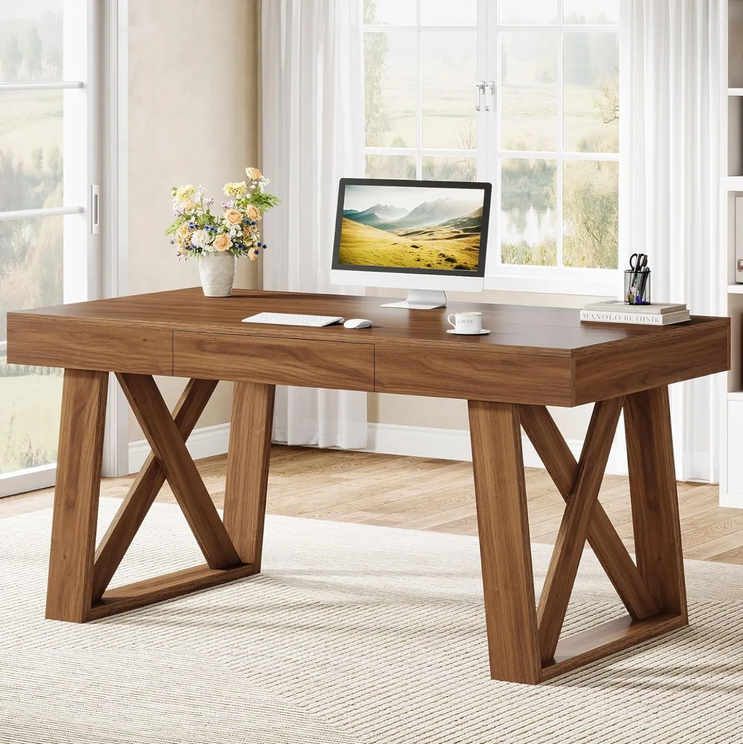 55" Executive Desk, Modern Computer Office Desk with Drawer