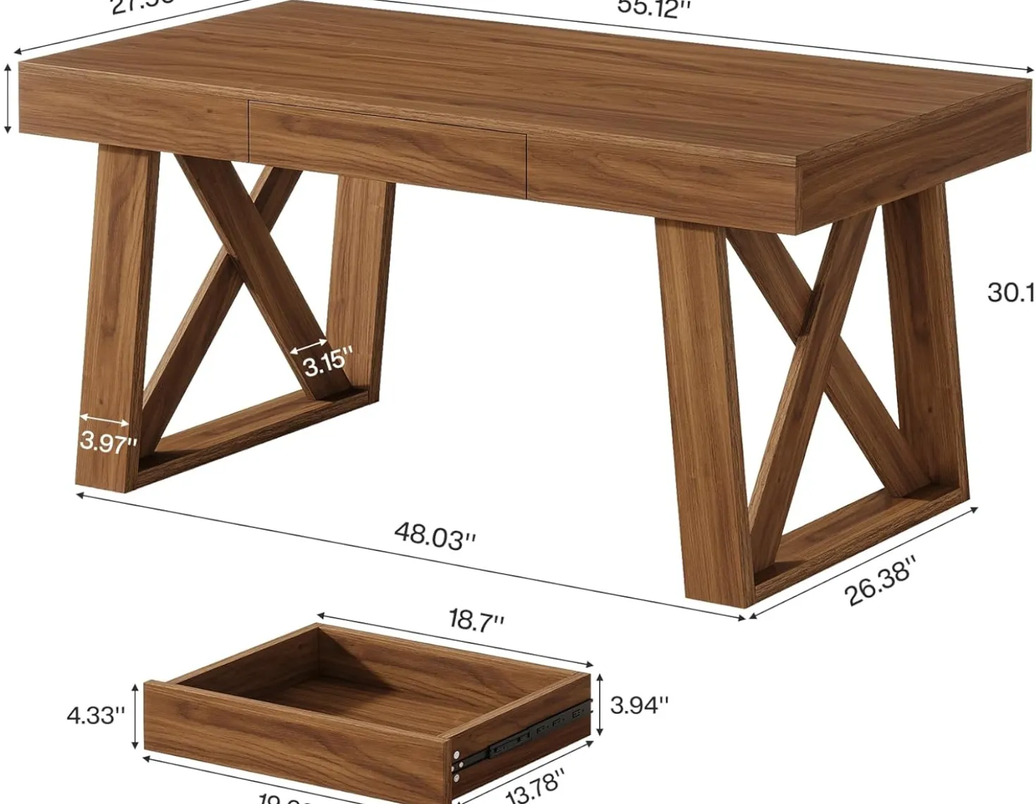 55" Executive Desk, Modern Computer Office Desk with Drawer