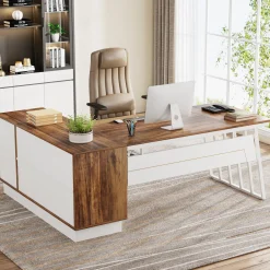 71" Executive Desk, Modern L-Shaped Computer Desk with Cabinet