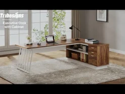 71" Executive Desk, Modern L-Shaped Computer Desk with Cabinet