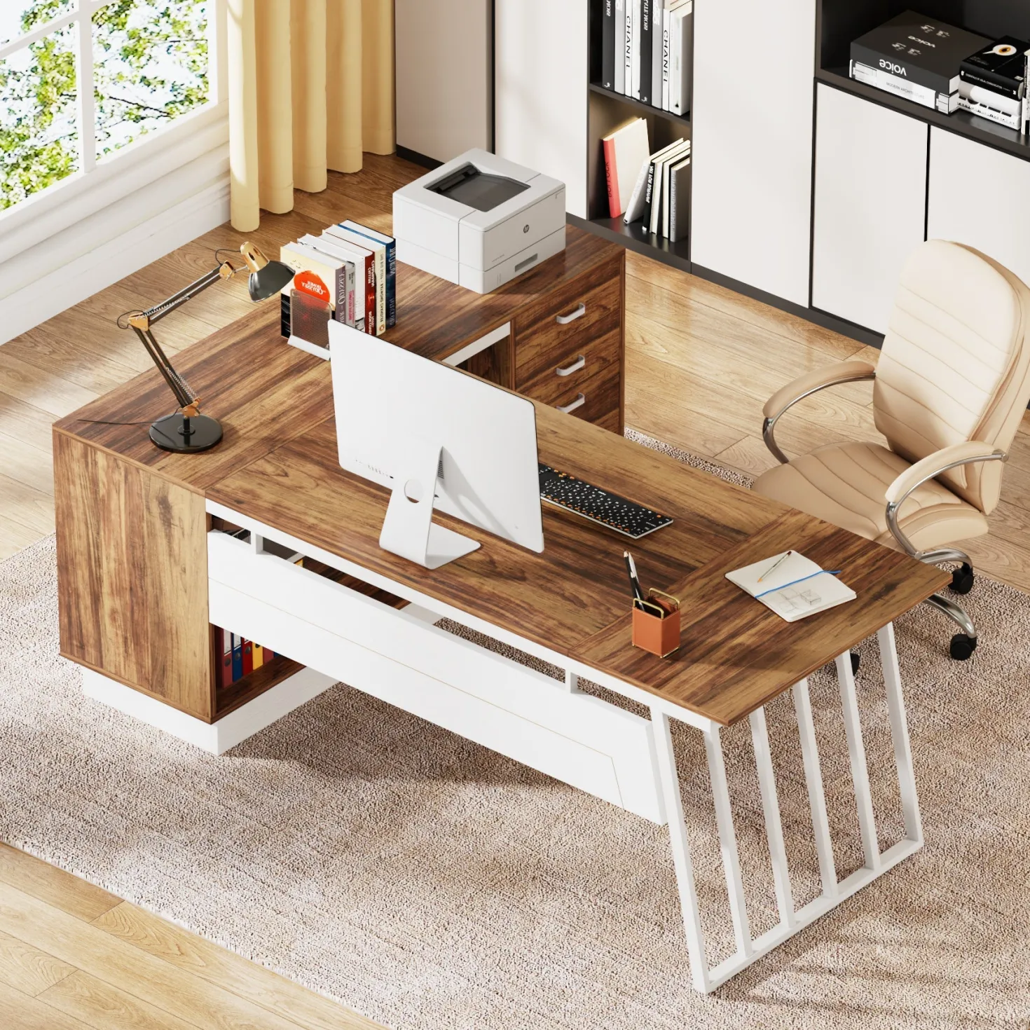 71" Executive Desk, Modern L-Shaped Computer Desk with Cabinet