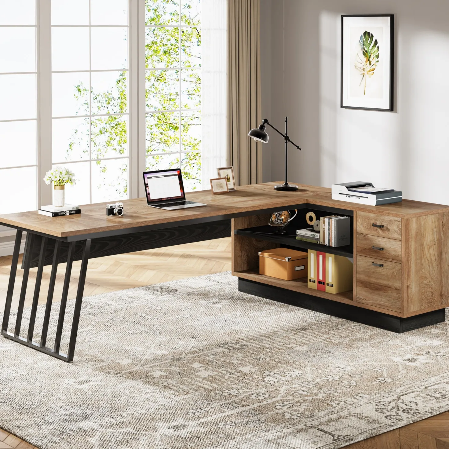 71" Executive Desk, Modern L-Shaped Computer Desk with Cabinet